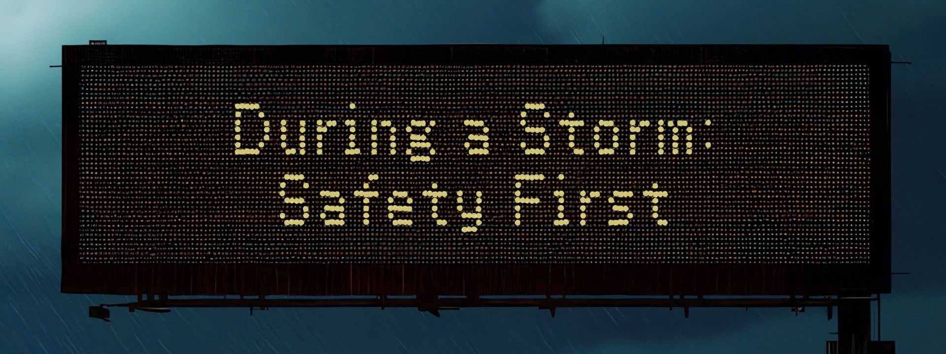 Electronic highway sign in rainy conditions reads “During a Storm: Safety First" with blurred traffic and lights below in a stormy scene.