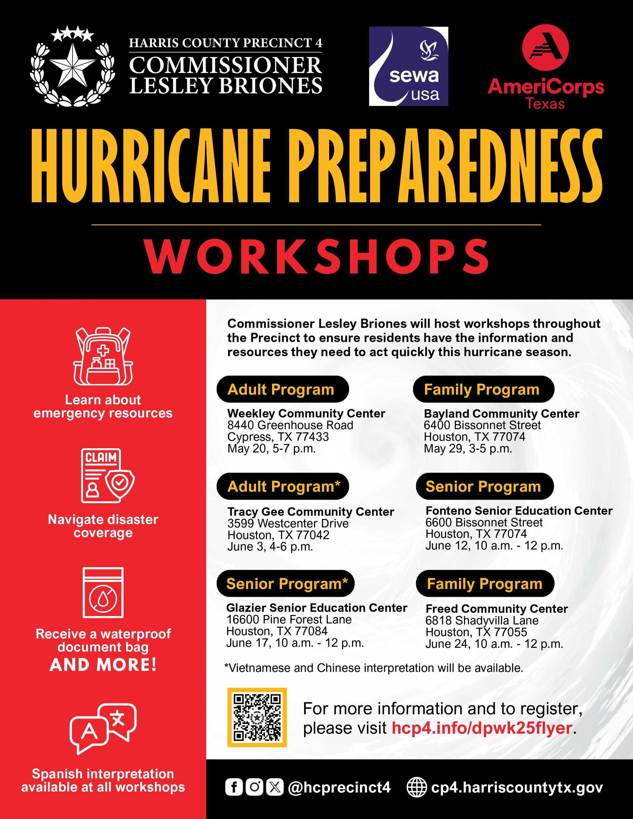 A flyer for "Hurricane Preparedness Workshops" featuring logos for Harris County Precinct 4 Commissioner Lesley Briones, Sewa USA, and AmeriCorps Texas on a black background.