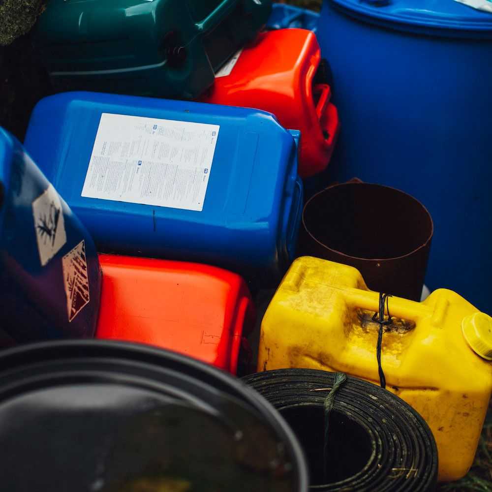 Several different sizes and colors of fuel canisters